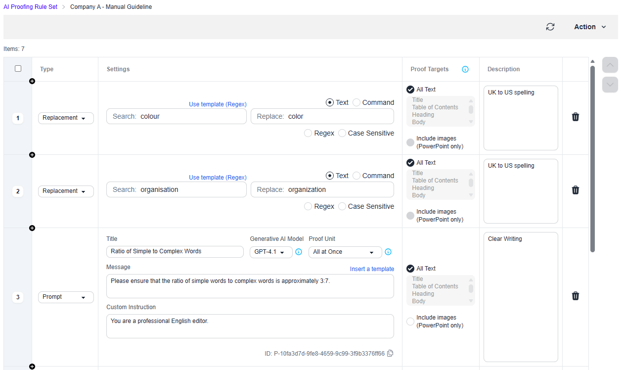 MTrans Online - AI Proofing Rule Set creation screen